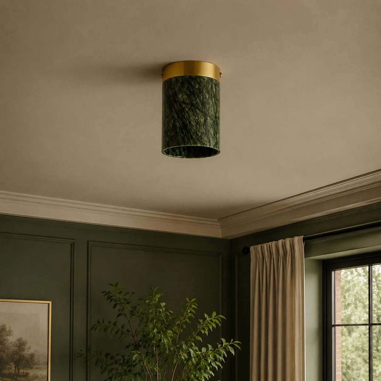 vintage green and gold ceiling light in a hallway scene