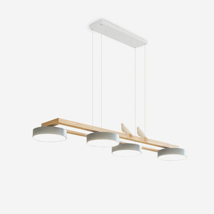 Vogel-Kronleuchter, Holzbalken, Metall, Acrylharz, integrierte LED, helles weißes Licht