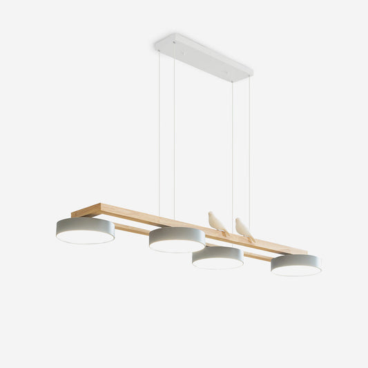 Vogel-Kronleuchter, Holzbalken, Metall, Acrylharz, integrierte LED, helles weißes Licht
