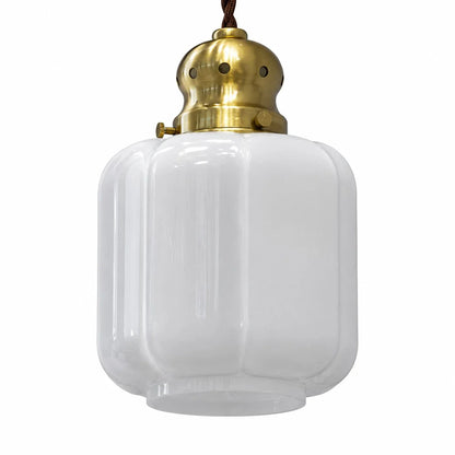 Angled view of vintage white glass pendant lamp shade