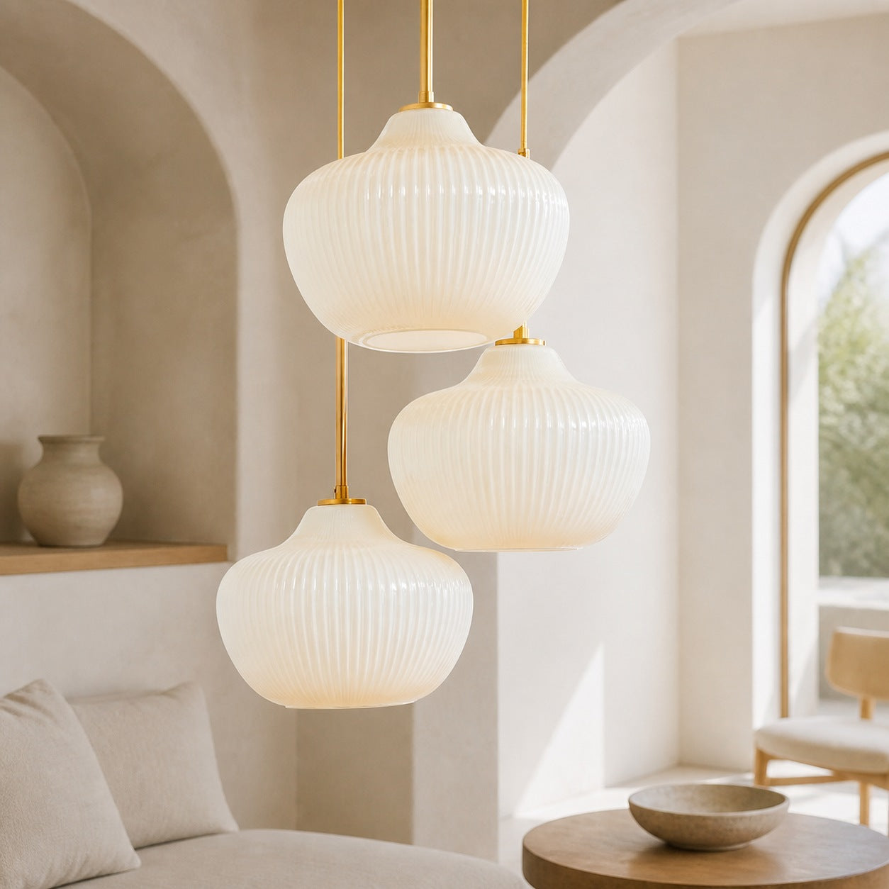 Rivrona Kronleuchter aus geripptem Glas mit 3 Lichtern – Skulpturale moderne Beleuchtung für Zuhause