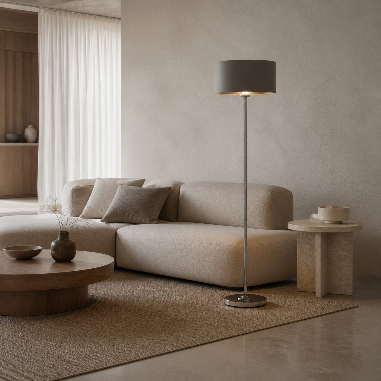 Tela Drum Shade Floor Lamp - Contemporary Fabric Standing Lamp for Home Office