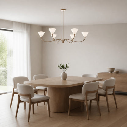 Kysara Linear Kronleuchter – Gebogene Lampenarme und Stoffschirme eignen sich für Wohn- oder Esszimmer.