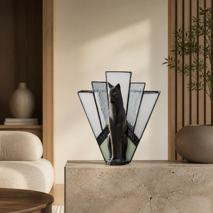 TF Felix Tischleuchte – Art-Deco-Design mit Glasschirm und Katzenfigur für Wohnzimmer oder Schlafzimmer