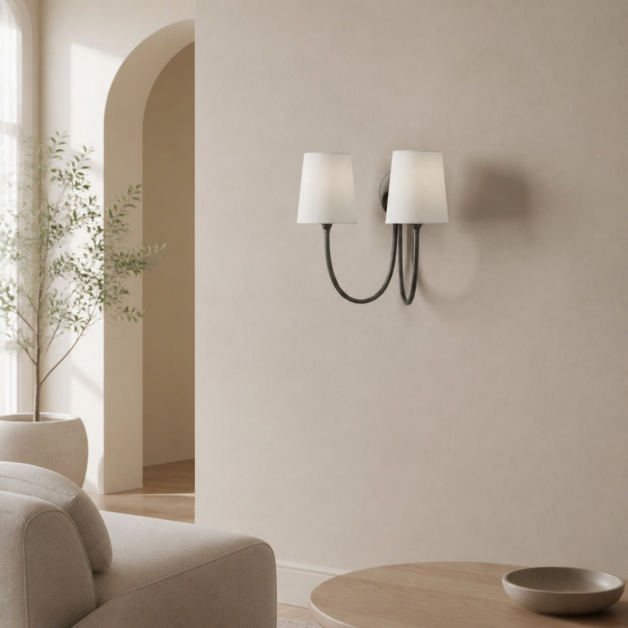 Roven Modern Double Wall Sconce with Curved Arms and Fabric Shades – Classic Accent Lighting for Bedroom