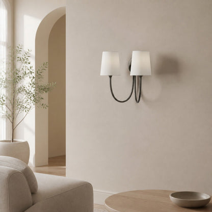 Roven Modern Double Wall Sconce with Curved Arms and Fabric Shades – Classic Accent Lighting for Bedroom