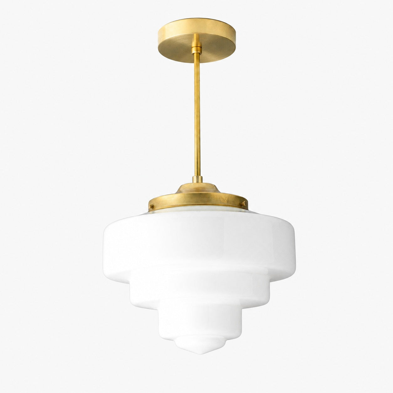 Geotower Glas-Messing-Pendelleuchte – Art Deco Opal Globe Deckenleuchte