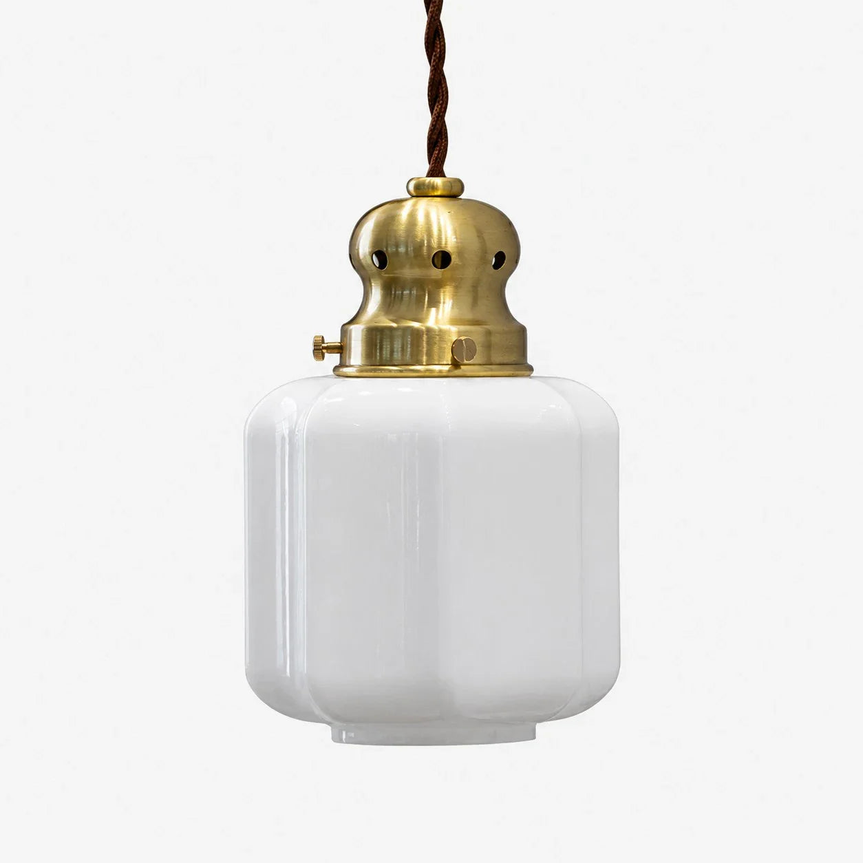 Style 1 vintage brass and white glass pendant lamp on white background