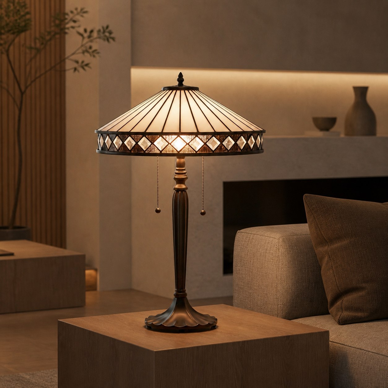 TF Fargo Geometrische Tiffany-Lampe – Akzentbeleuchtung aus bernsteinfarbenem und cremefarbenem Glas für Schlafzimmer oder Arbeitszimmer