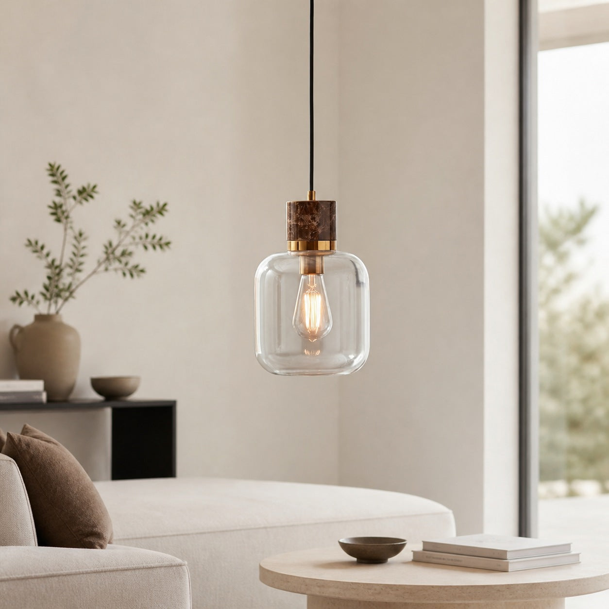 Korlisse Pendelleuchte aus Naturstein und Glas – Stilvolle Lampe für Wohnzimmer oder Lounge