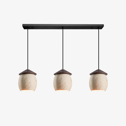 Three-light beige travertine linear pendant on white background
