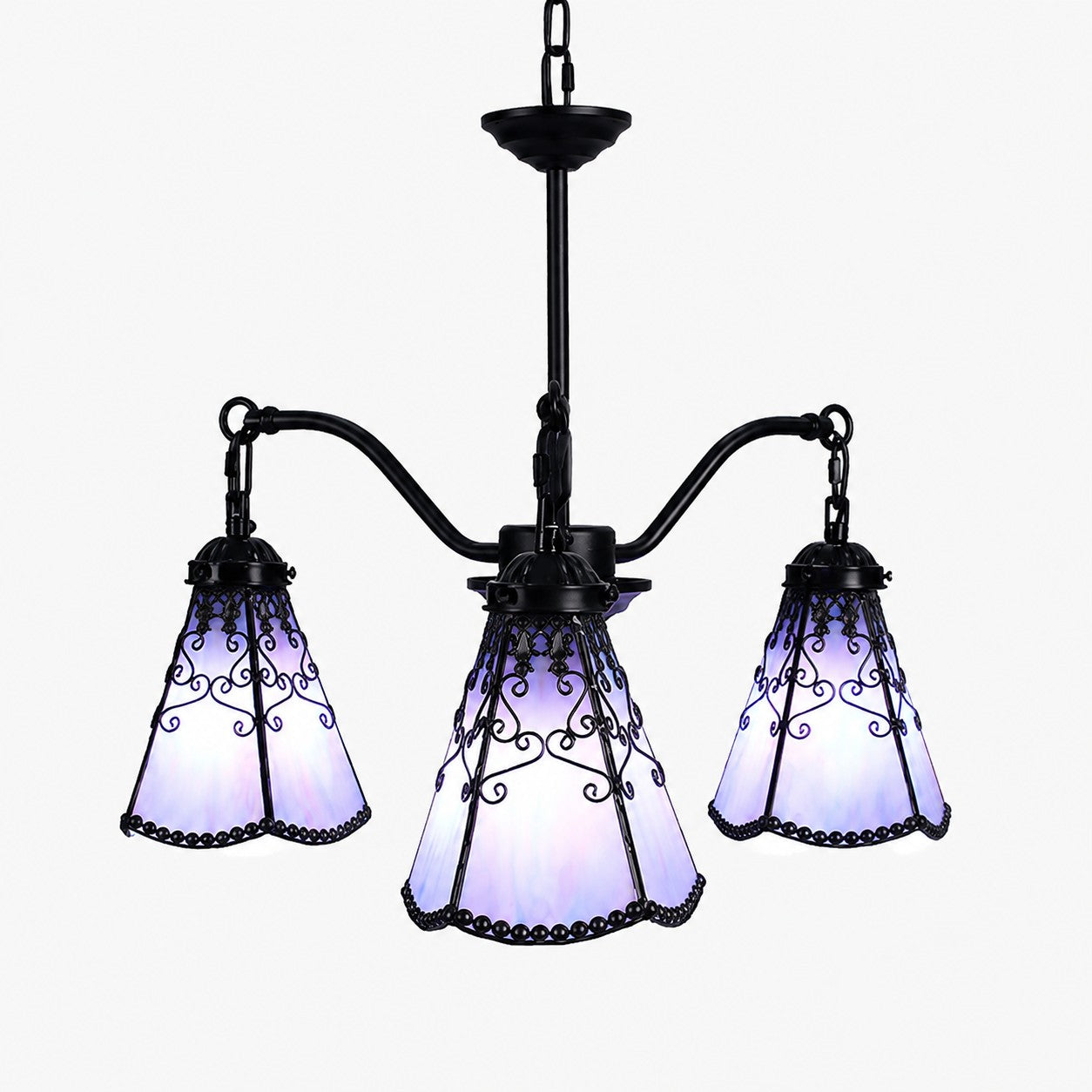 Blue purple Tiffany-style three light chandelier
