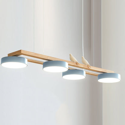 Vogel-Kronleuchter, Holzbalken, Metall, Acrylharz, integrierte LED, helles weißes Licht