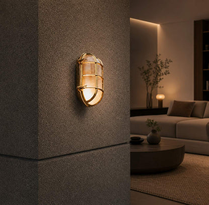 Ivoran Bulkhead Wall Sconce - Brass Caged Glass Vintage Industrial Light for Outdoor and Bathroom