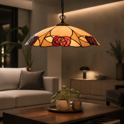 TF Ingram Tiffany Pendant Light – Vintage Handcrafted Stained Glass Floral Shade for Dining Room