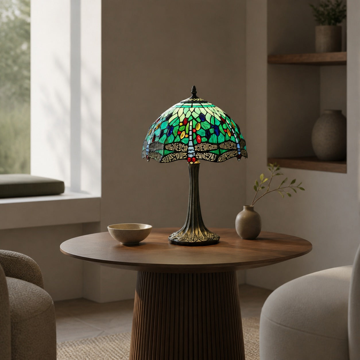 TF Libellen-Tischleuchte – Vintage-Buntglas für Wohn- und Schlafzimmer
