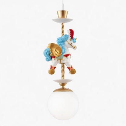 Single unicorn pendant light with blue flower accents on white background