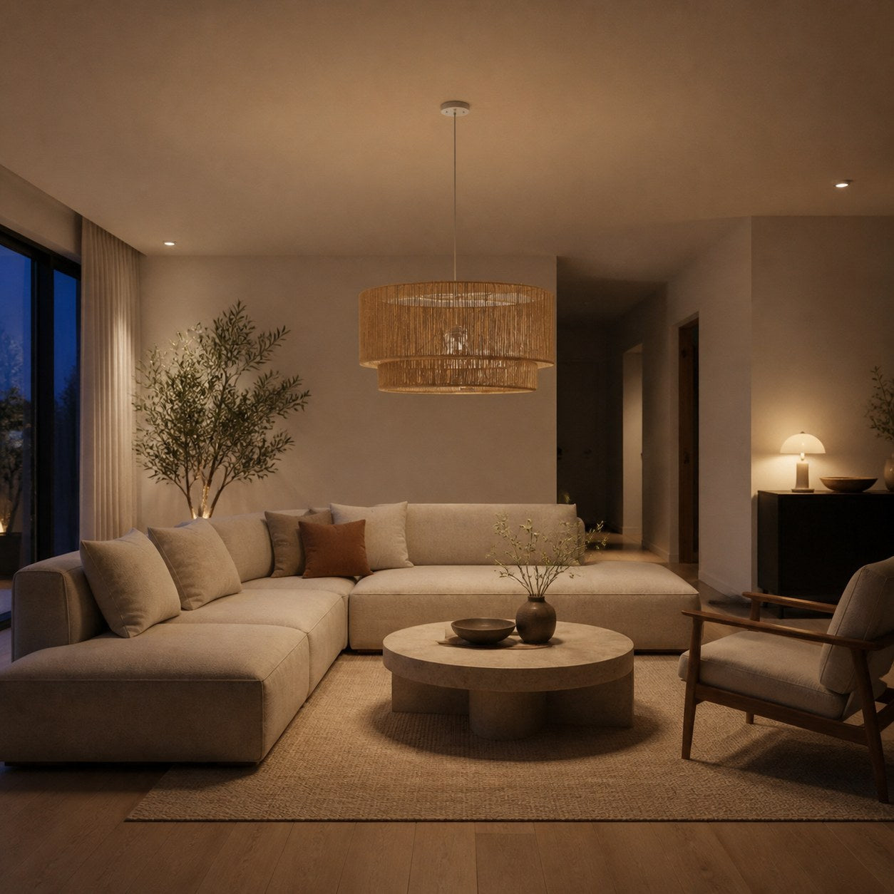 Florevianische Hängeleuchte aus gewebtem Jute – Boho-Chic-Trommelpendelleuchte für Wohn- oder Esszimmer