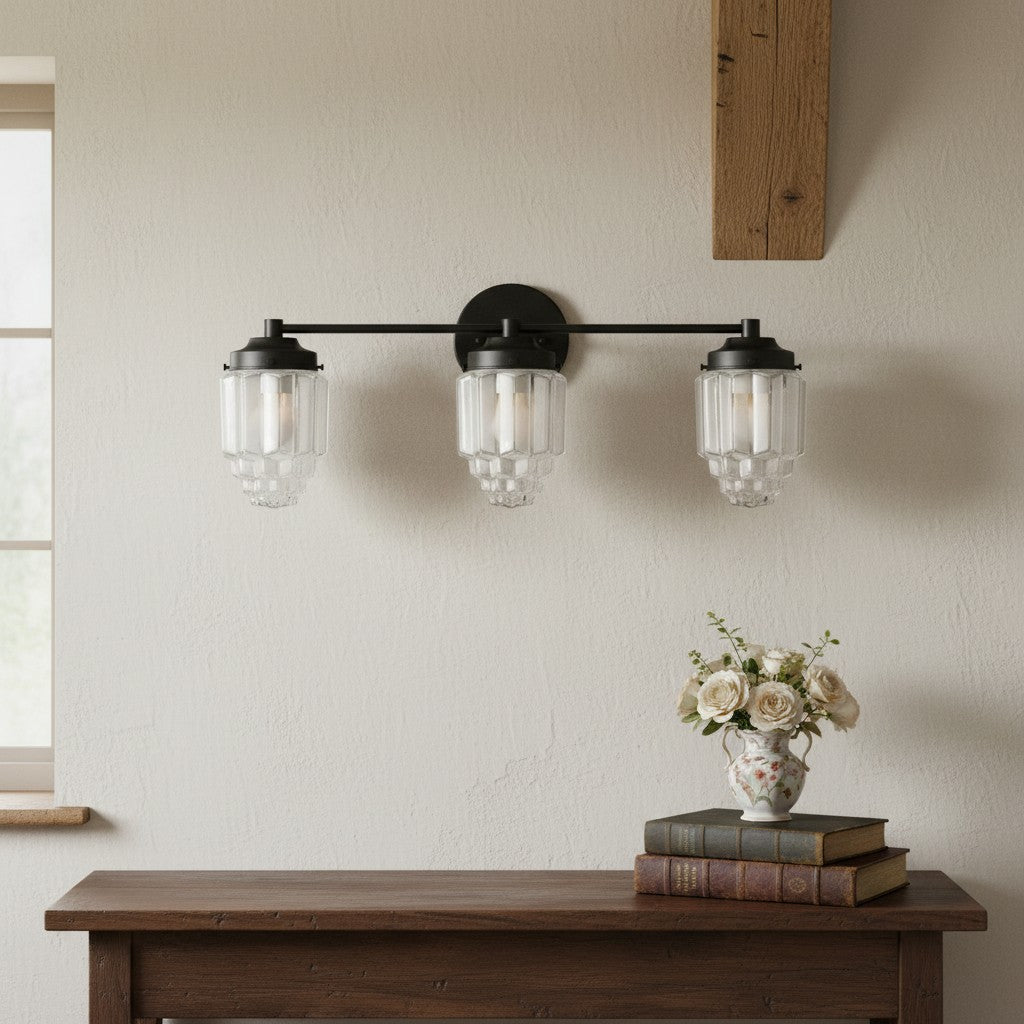 Tierlux Glass Vanity Light - Art Deco Bathroom Fixture with Skyscraper Shades