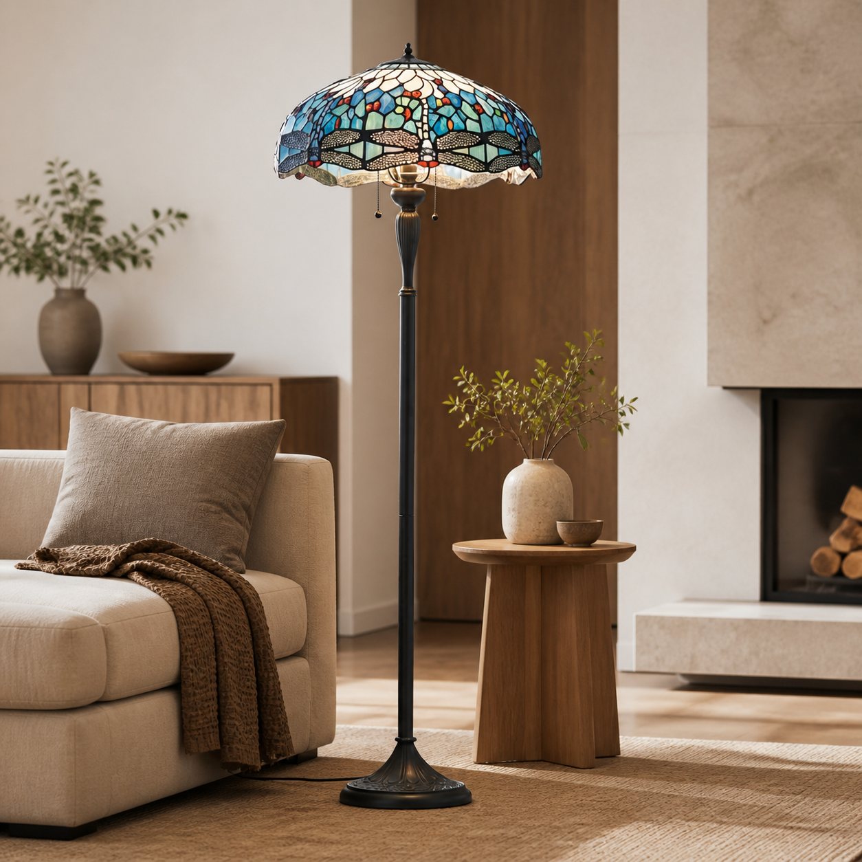 TiffStar Art Glass Floor Lamp with Ornamental Pattern Shade – Standing Light for Living Rooms