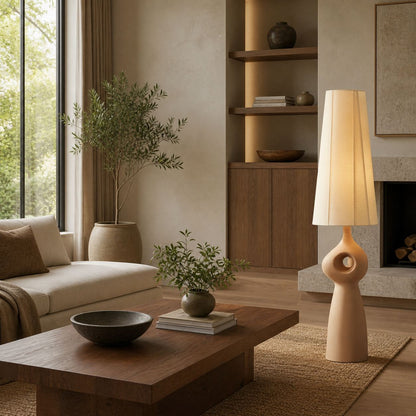 Pryssa Sculptural Ceramic Floor Lamp - Ivory Linen Shade for Living Room Accent