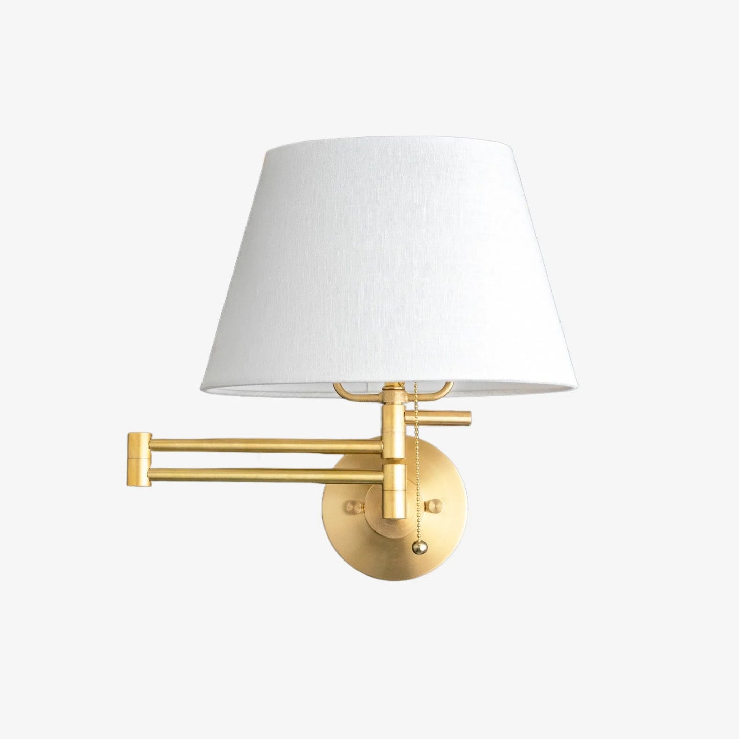 Ornato Brass Swing Arm Wall Sconce with White Cloth Shade for Bathroom Vanity or Hallway