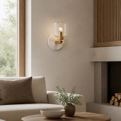Korlisse Modern Marble Wall Light - Vintage Brass & Clear Glass Accent for Living Room and Hallway