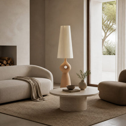 Pryssa Sculptural Ceramic Floor Lamp - Ivory Linen Shade for Living Room Accent