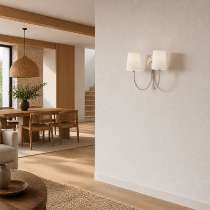 Roven Modern Double Wall Sconce with Curved Arms and Fabric Shades – Classic Accent Lighting for Bedroom