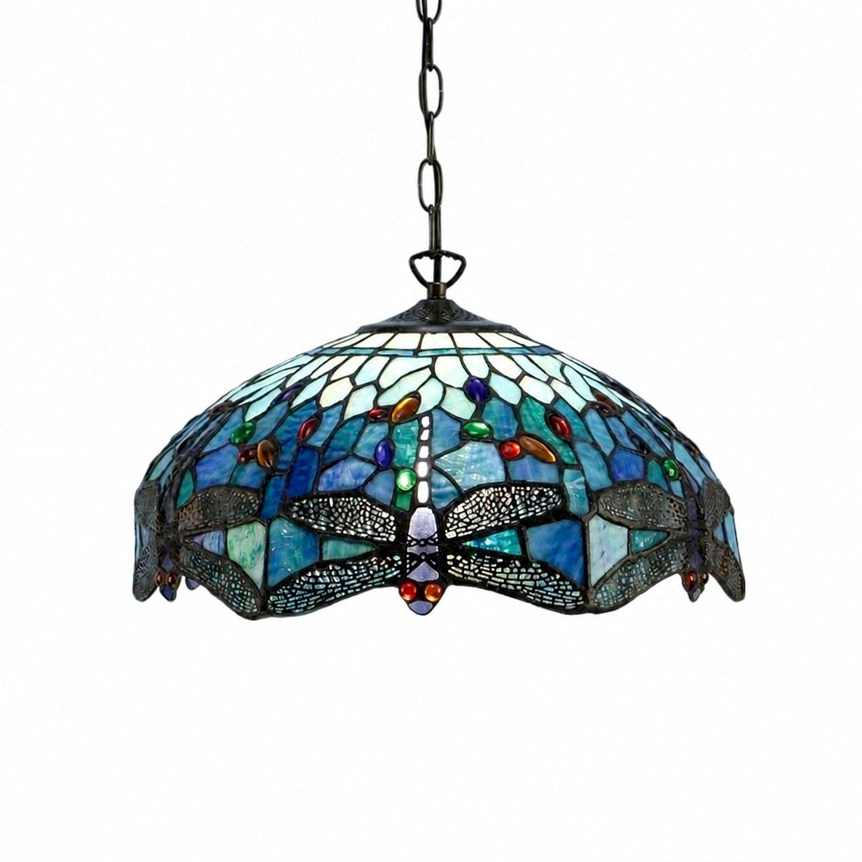 TF Dragonfly Blue Tiffany-Deckenleuchte – Jugendstil-Pendelleuchte aus Buntglas für Wohnzimmer