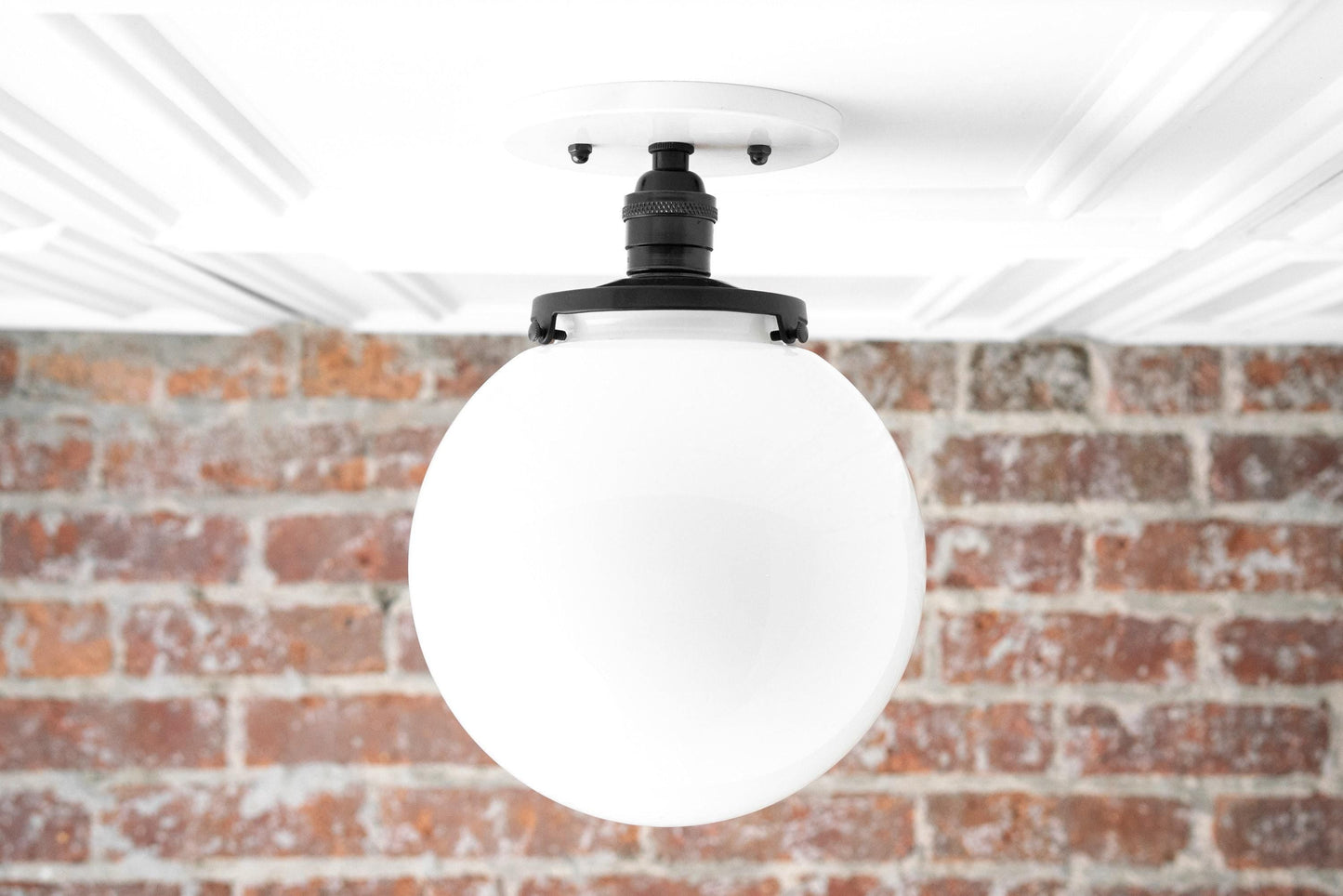 Glorica Glass Mid Century Semi Flush Ceiling Light - White Opal Glass Globe Fixture