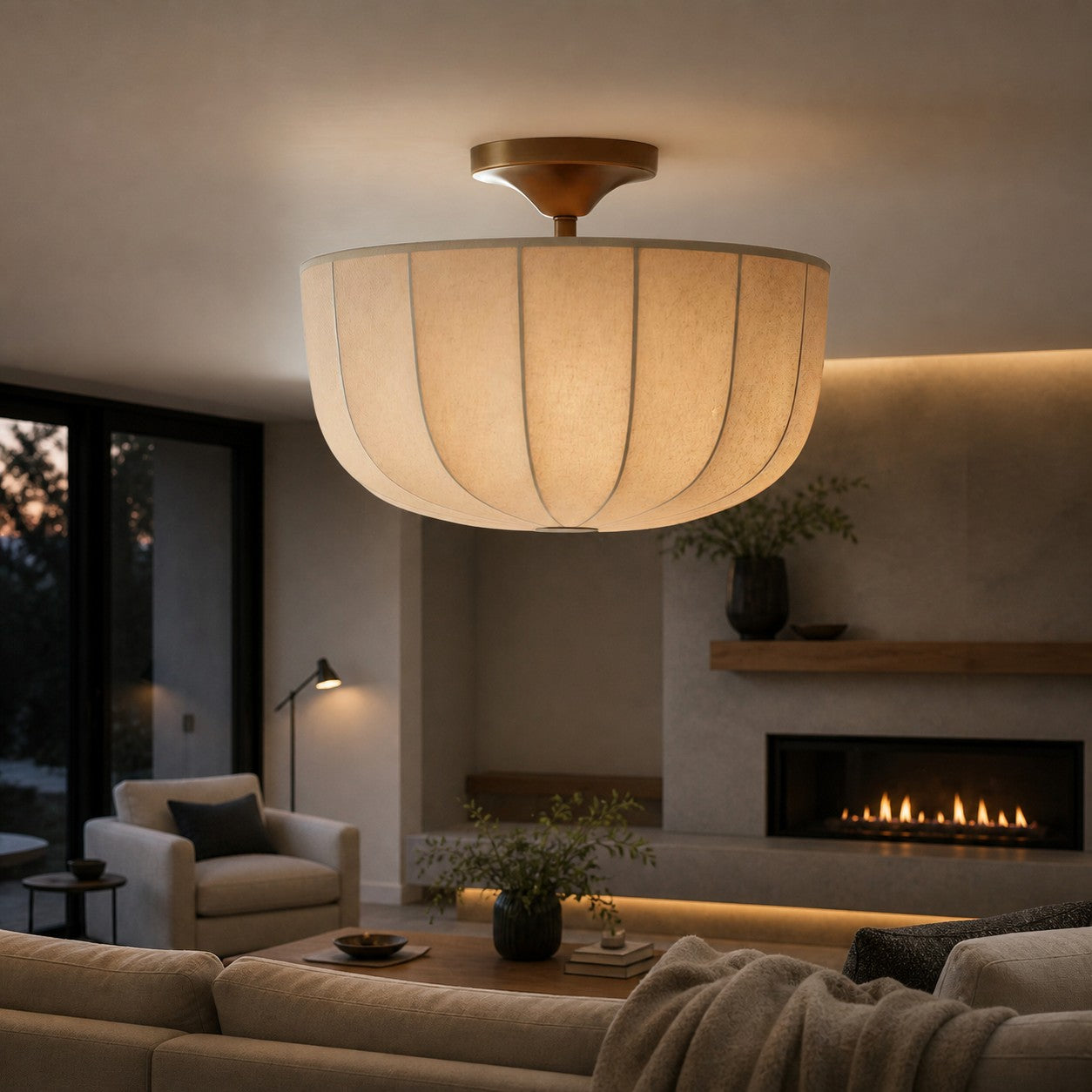 Loomis Flush Ceiling Lamp – Textured Linen Shade and Aged Brass Modern Ceiling Light for Living Rooms