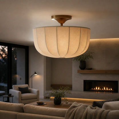 Loomis Flush Ceiling Lamp – Textured Linen Shade and Aged Brass Modern Ceiling Light for Living Rooms