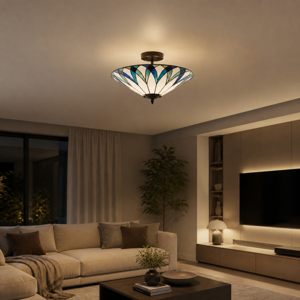TF Allanton Tiffany Semi Flush Ceiling Light – Art Nouveau Patterned Shade for Living or Dining