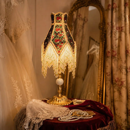 French vintage beaded fringe table lamp