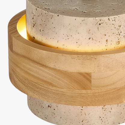 Travertine stone shade and warm wood ring detail