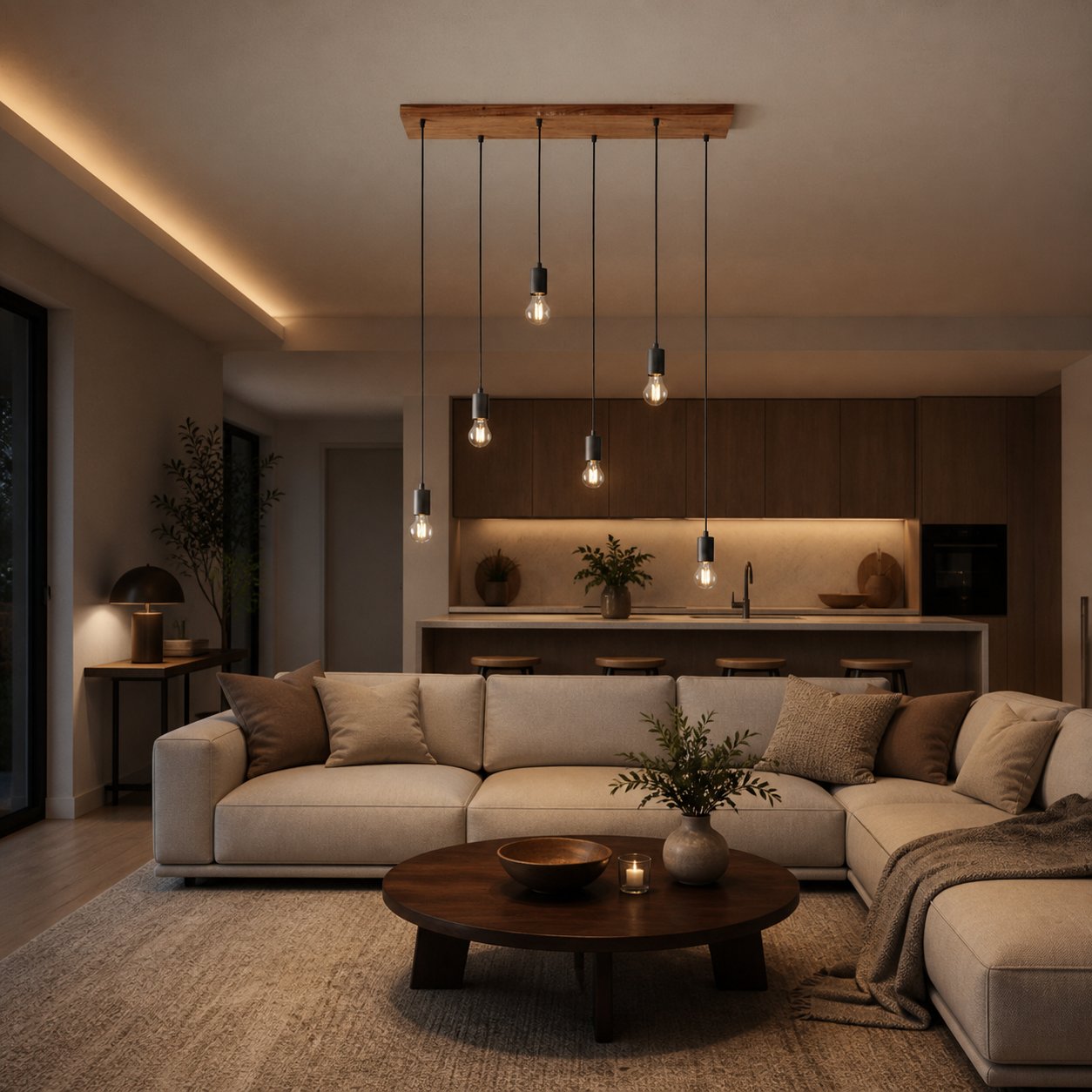 Vornix 6-Light Linear Pendant - Timber Beam Modern Industrial Fixture for Kitchen Island Dining Room