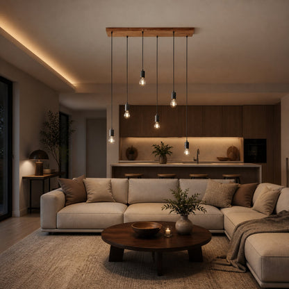 Vornix 6-Light Linear Pendant - Timber Beam Modern Industrial Fixture for Kitchen Island Dining Room