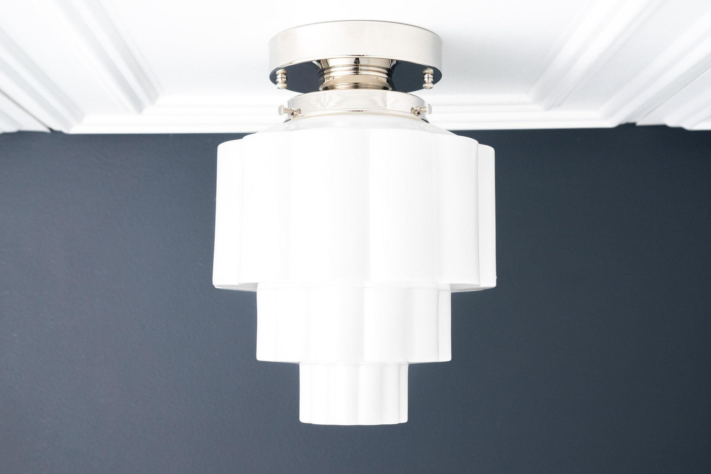 Geotower Glass Brass Ceiling Light – Art Deco Ribbed Globe Flush Mount