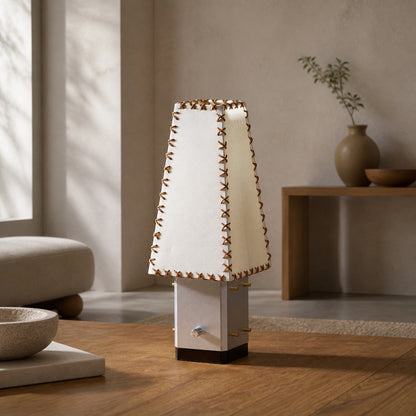 Modern Geometric Metal Table Lamp – Parchment Shade for Bedroom Nightstand Lighting
