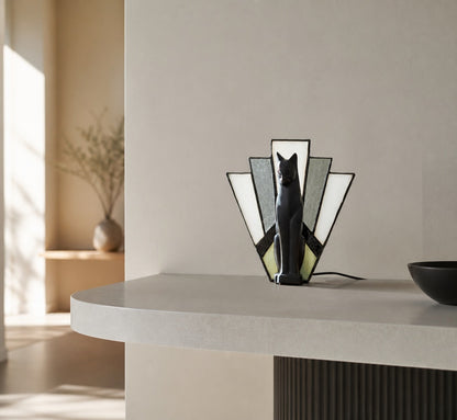 TF Felix Tischleuchte – Art-Deco-Design mit Glasschirm und Katzenfigur für Wohnzimmer oder Schlafzimmer