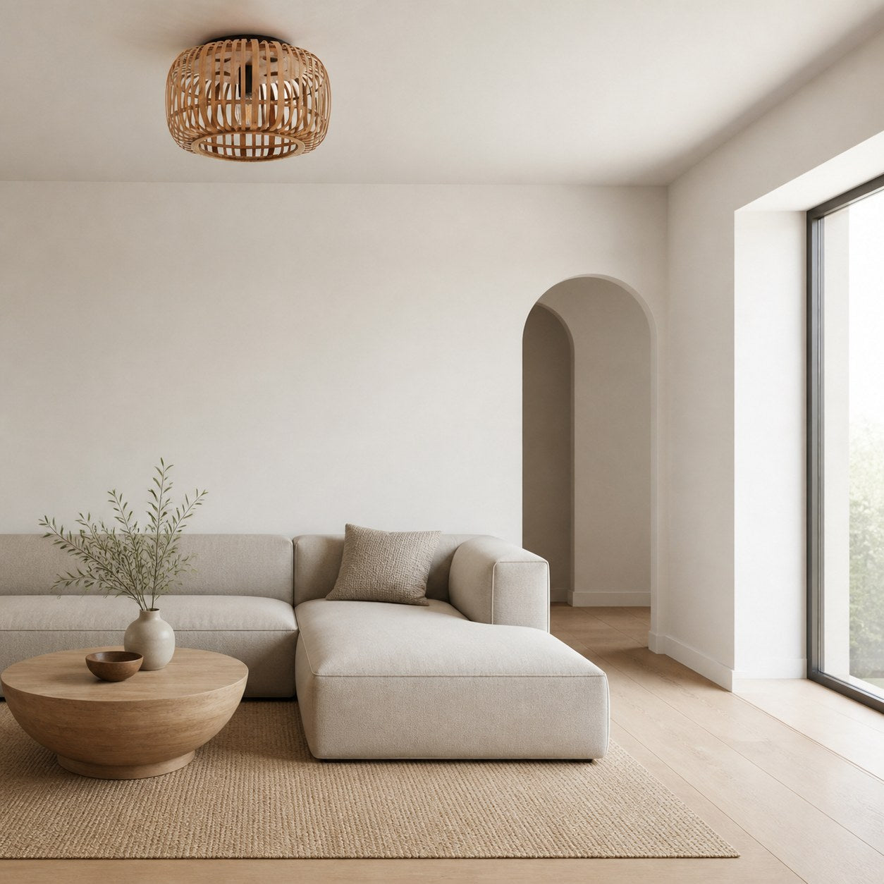 Yumeko Natural Bamboo Flush Ceiling Light - Organic Cage Design Sustainable for Living Room