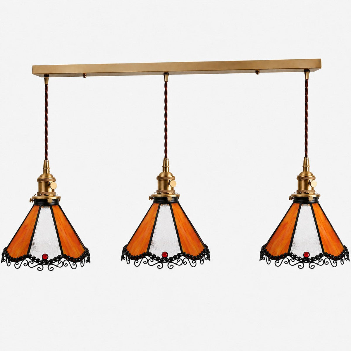 Orange three-light stained glass linear pendant