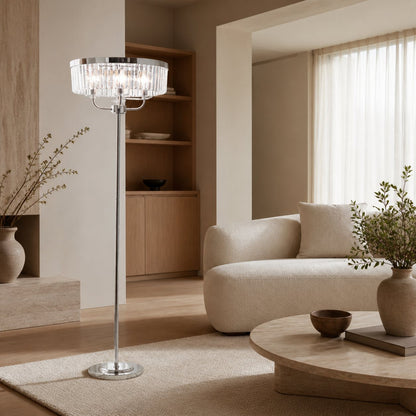 Beveline 3 Light Round Floor Lamp - Faceted Cut Glass Shades Classic Metal Finish For Living Rooms