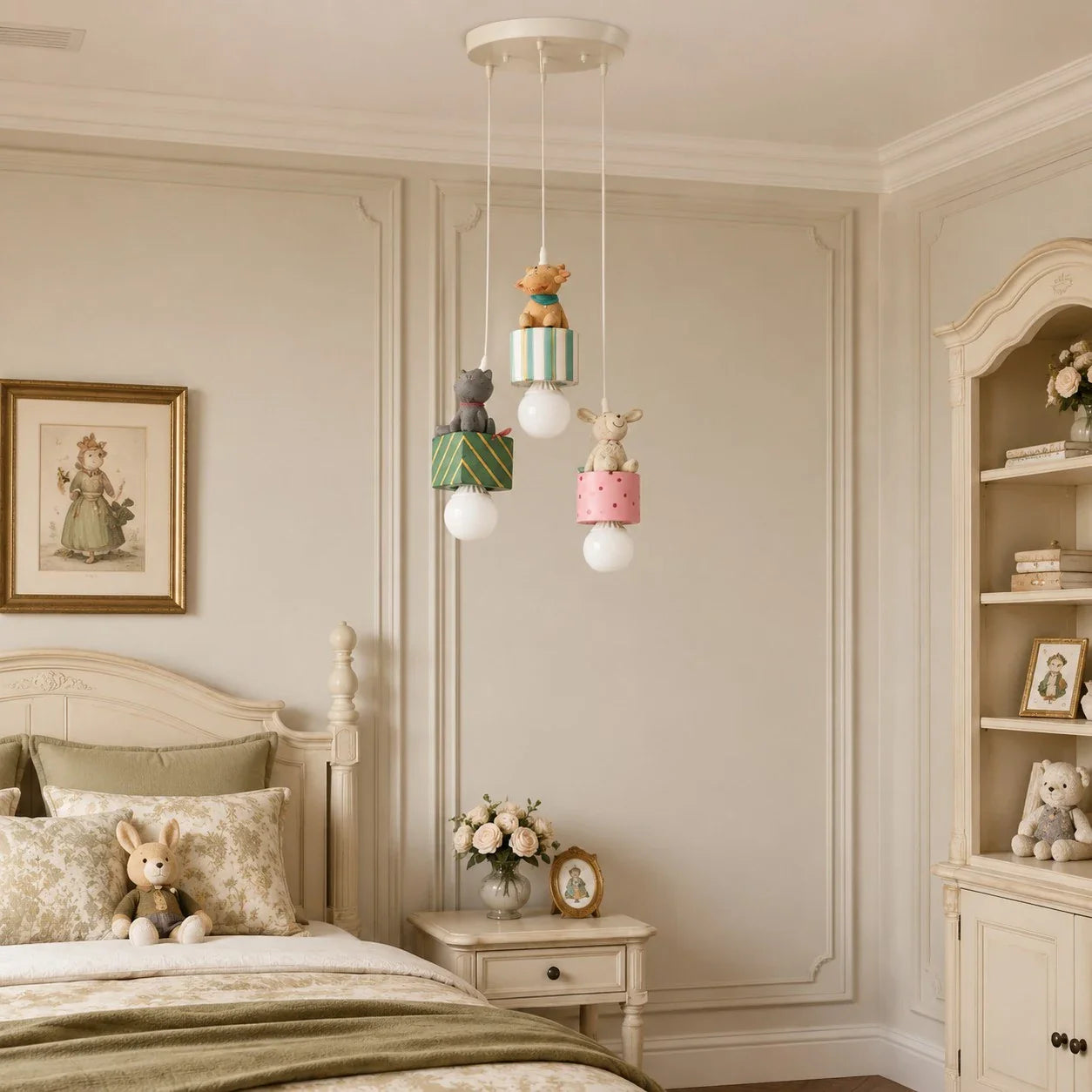 Animal gift box pendant lamp in a soft kids bedroom