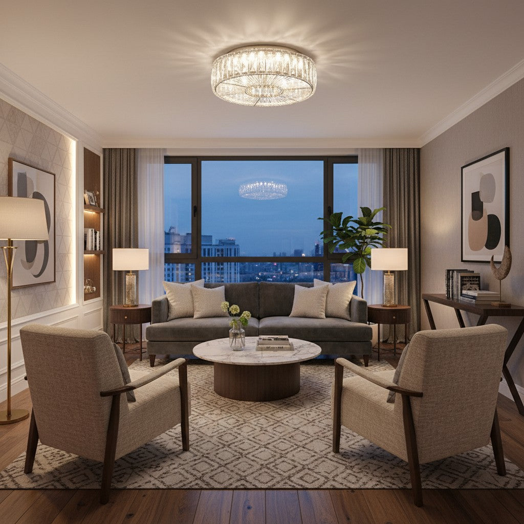 Clereon Elegant Round Flush Mount Ceiling Light – Modern Glass Design for Living Room