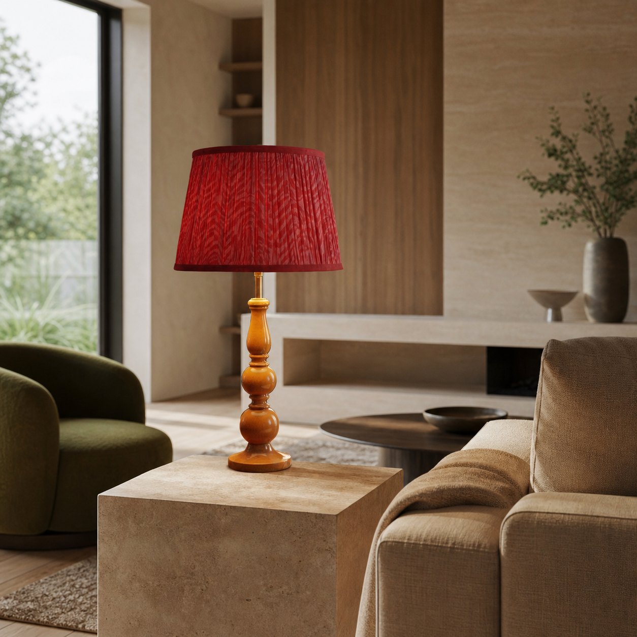Grainora Table Lamp with Wooden Grain Base – Fabric Lampshade for Living Rooms