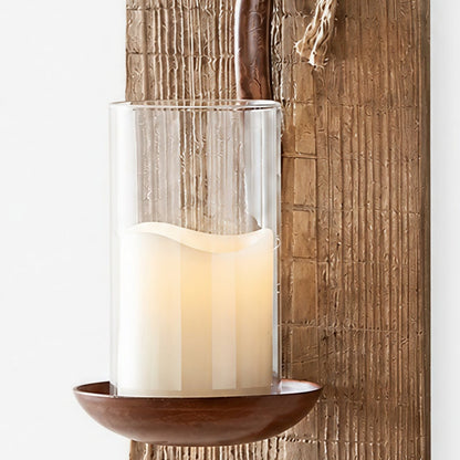 Rustic wooden wall sconce glass and candle detail