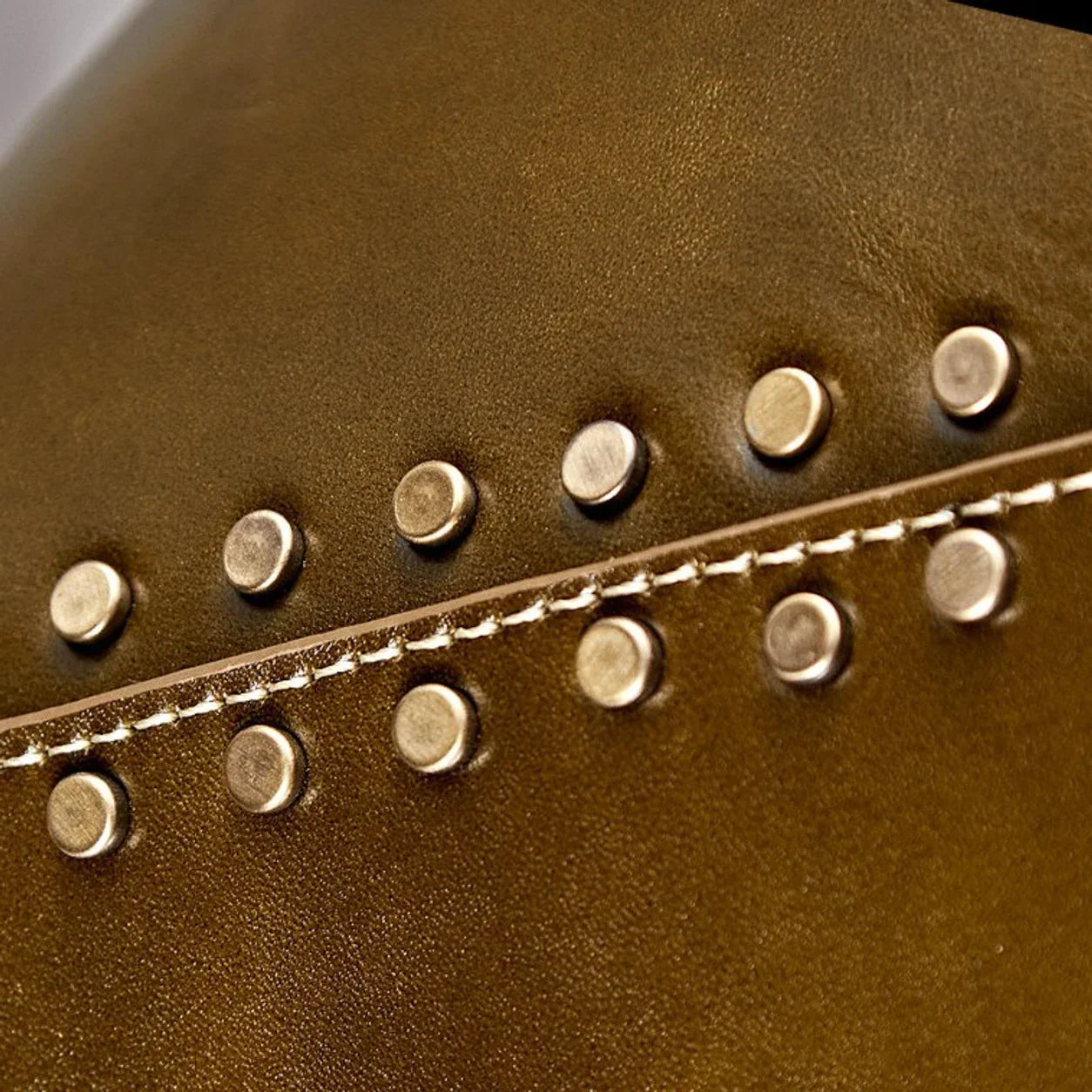 Close detail of brown leather shade with gold rivets