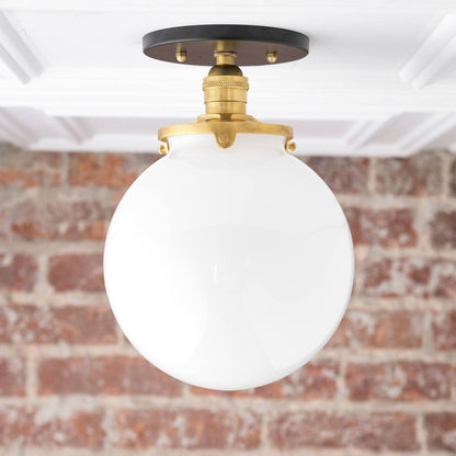 Glorica Glass Mid Century Semi Flush Ceiling Light - White Opal Glass Globe Fixture